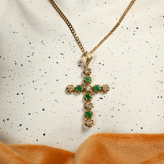 Vintage Emerald and Diamond Cross Pendant